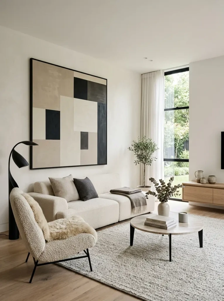 Minimalist elegant living room with a cream low-profile sofa, boucle chair, uncluttered decor, modern artwork, and a calm neutral palette.