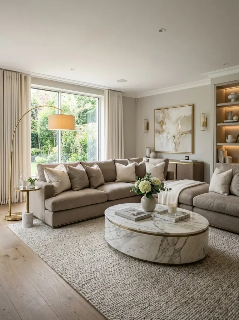 Modern luxury living room with ivory and taupe tones, plush cushions, marble table, brass lamp, and a serene upscale neutral atmosphere.