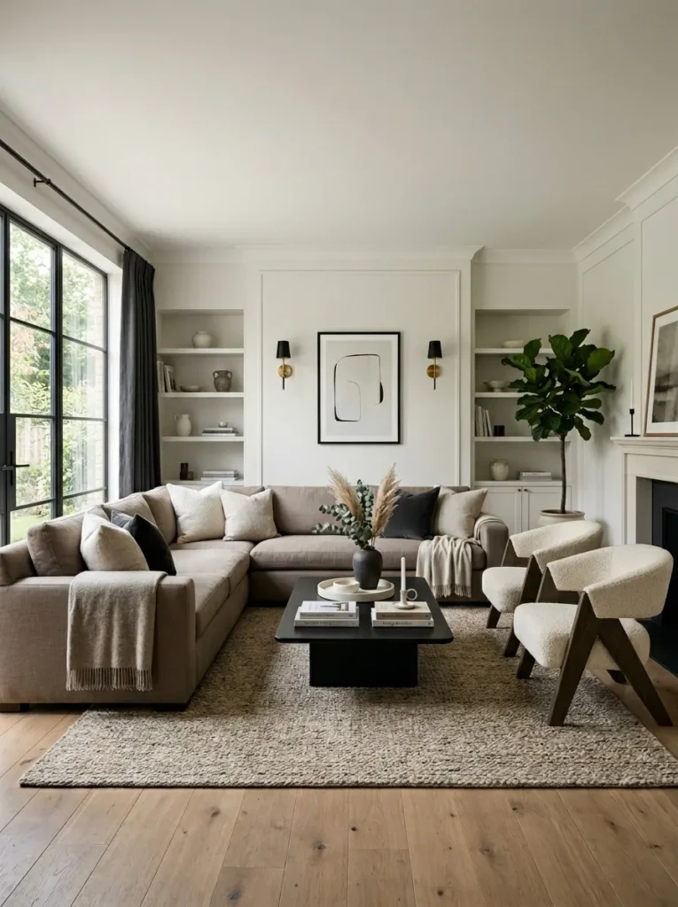 Modern elegant living room with a taupe sectional sofa, sculptural chairs, sleek coffee table, layered textiles, and a symmetrical neutral design.
