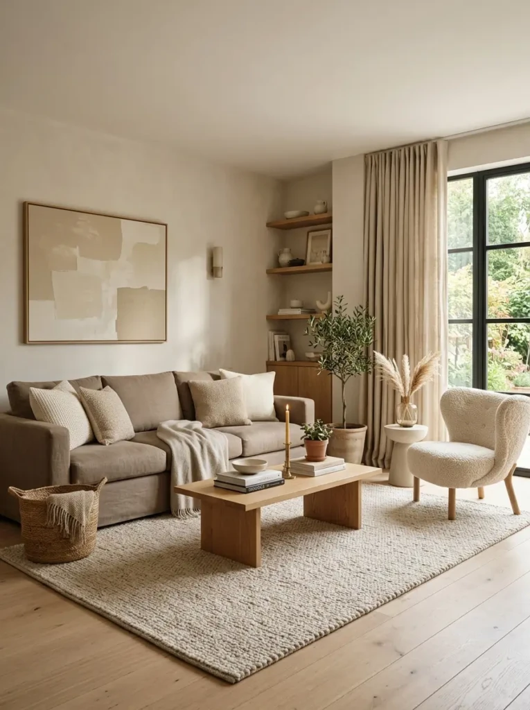 Neutral elegant living room styled with beige and cream tones, oak coffee table, boucle chair, linen curtains, and a soft wool rug.