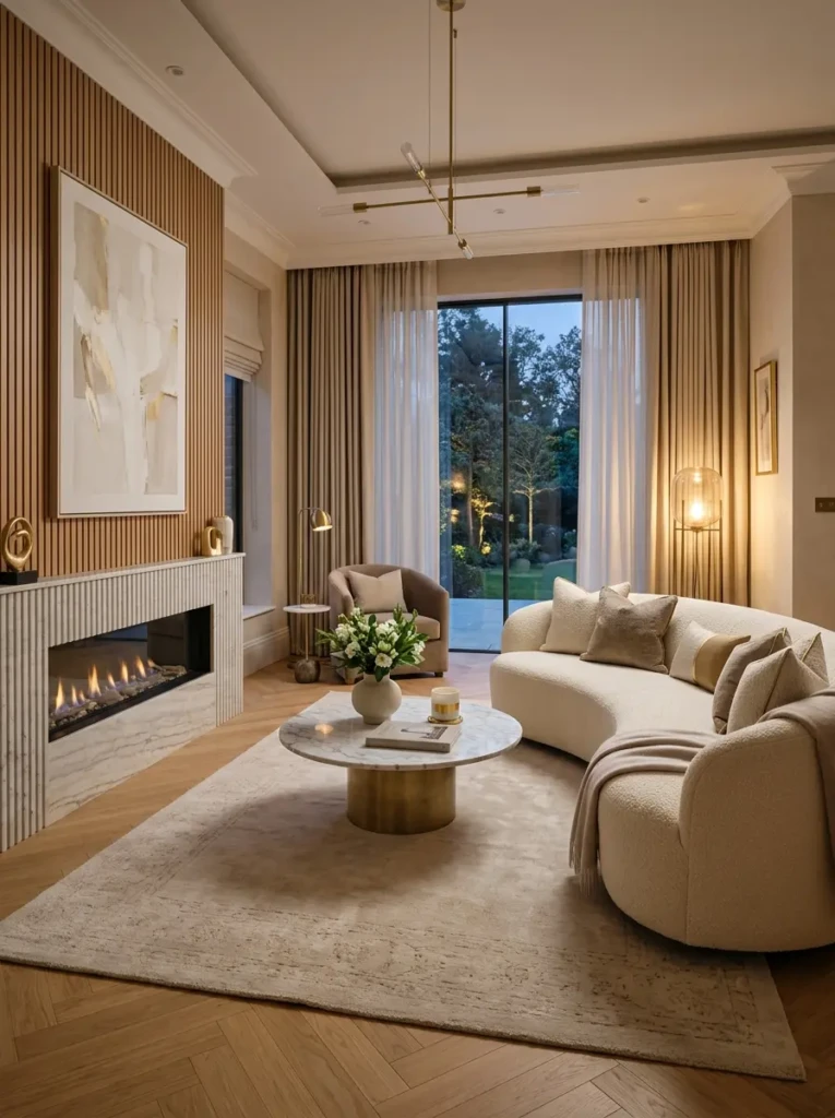 Elegant modern living room featuring a curved cream sofa, marble coffee table, beige rug, warm wood accents, and soft ambient lighting in a luxurious neutral setting.