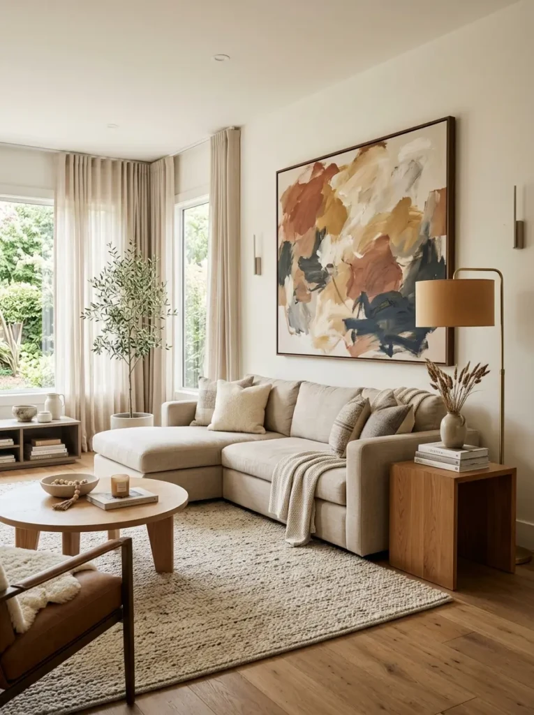 Simple elegant living room featuring a neutral sofa, textured rug, warm wood side table, brass lamp, and large statement wall art.
