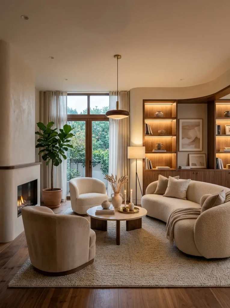 Warm modern elegant living room with walnut accents, curved furniture, ambient lighting, creamy beige palette, and cozy luxury textiles.
