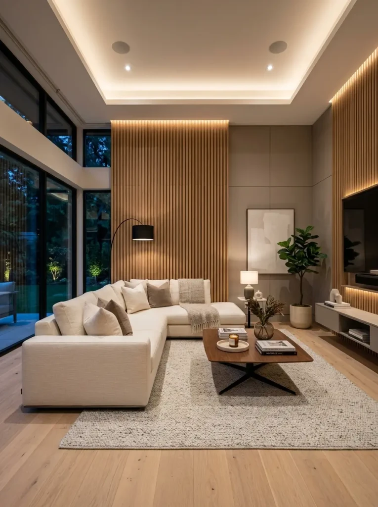Modern living room with vertical wood wall paneling, cream sectional sofa, sleek coffee table, and warm architectural lighting.