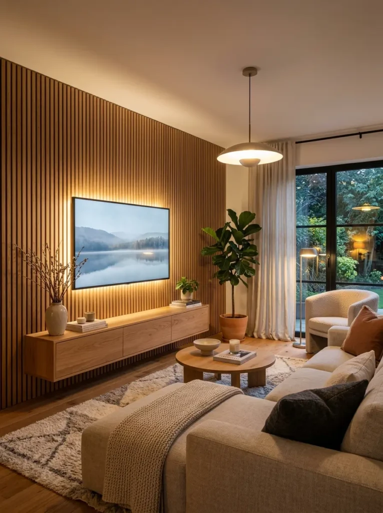Contemporary living room featuring vertical oak wood slat wall, mounted TV, and floating media console.