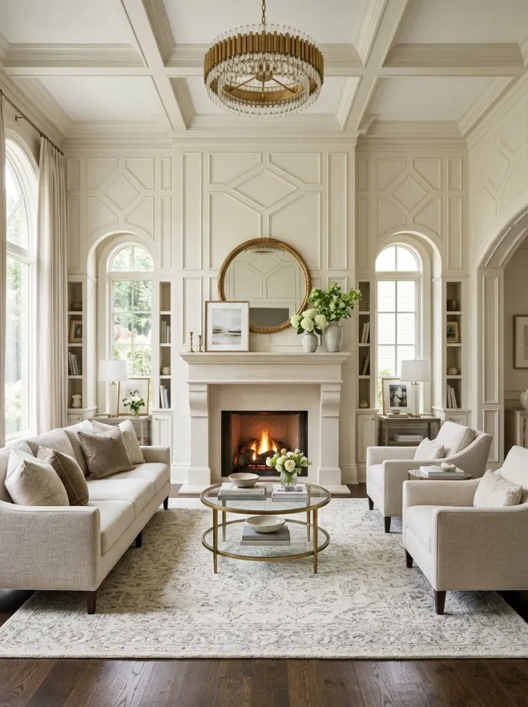 Stylish living room with decorative wall paneling, symmetrical molding, and refined modern classic furniture.