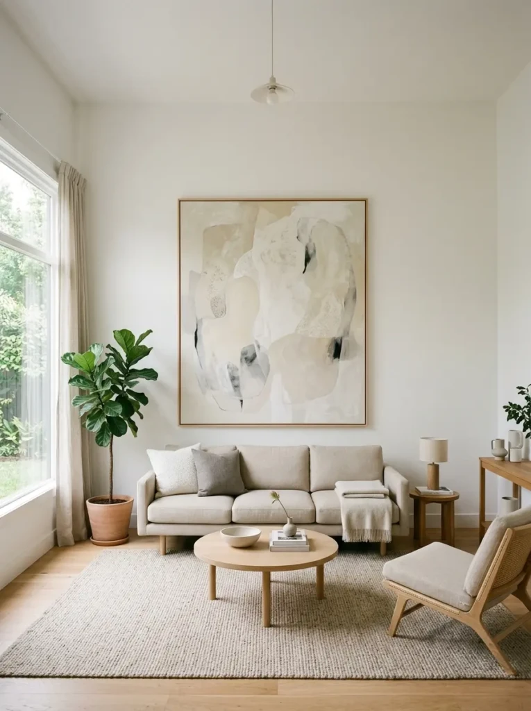 Minimalist living room featuring one large wall art piece, neutral furnishings, and uncluttered Scandinavian styling.
