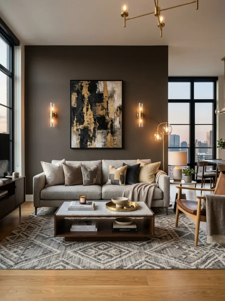 Contemporary living room with a deep taupe accent wall behind a sofa, designer lighting, and layered cushions.