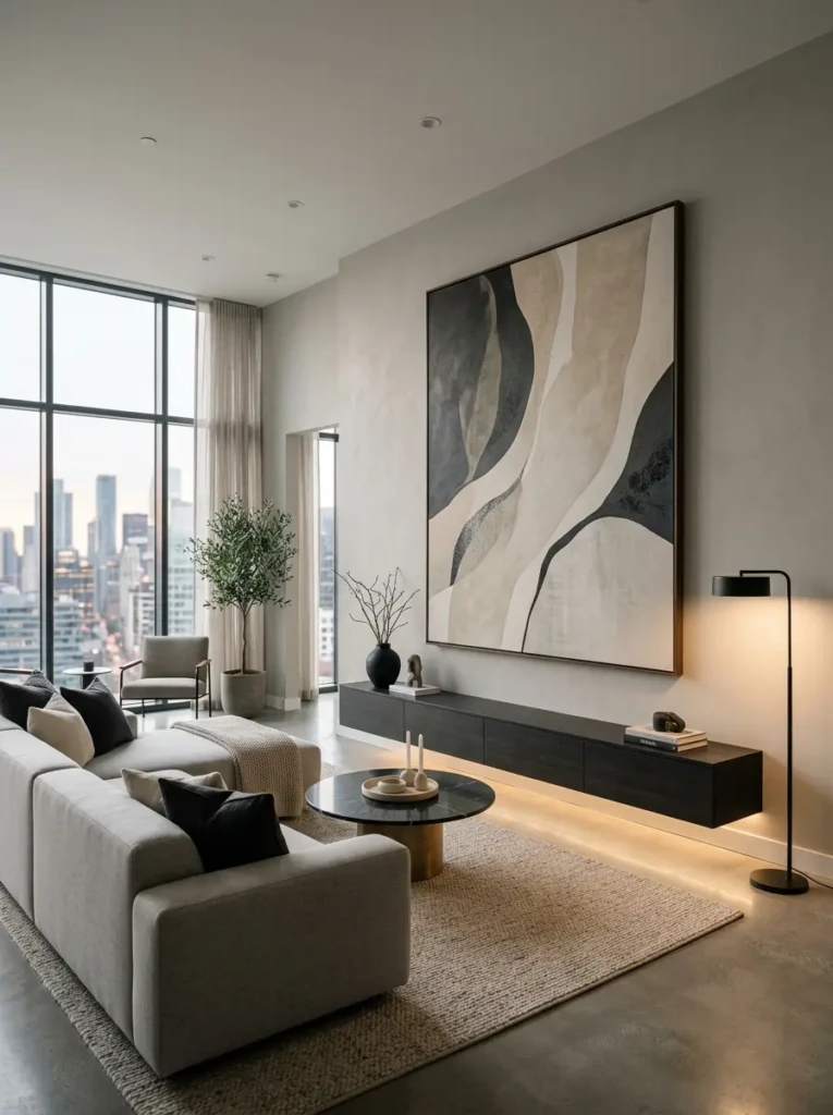 Sleek modern living room wall featuring oversized abstract artwork, floating console, and soft LED lighting.