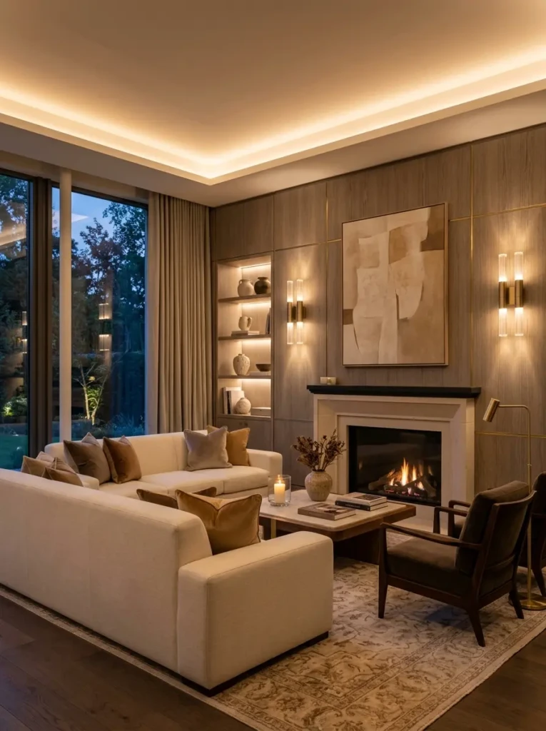 Luxurious living room wall featuring sconces, textured panels, and warm ambient uplighting.