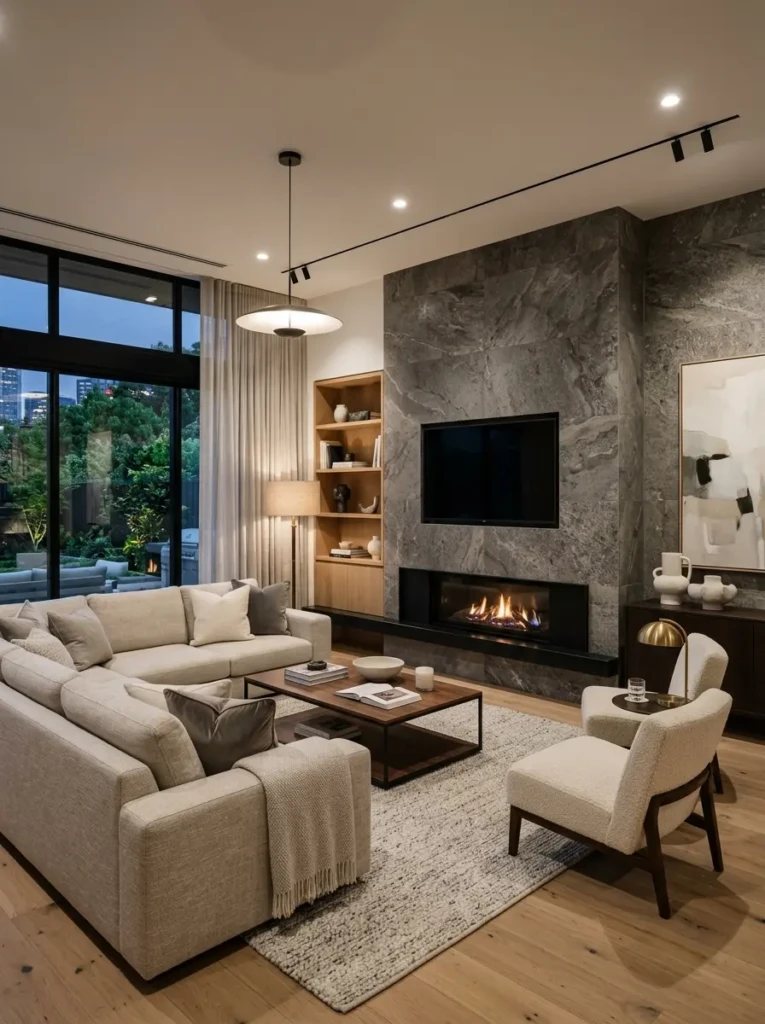 Sophisticated living room wall finished with large-format stone-look tiles near a fireplace.
