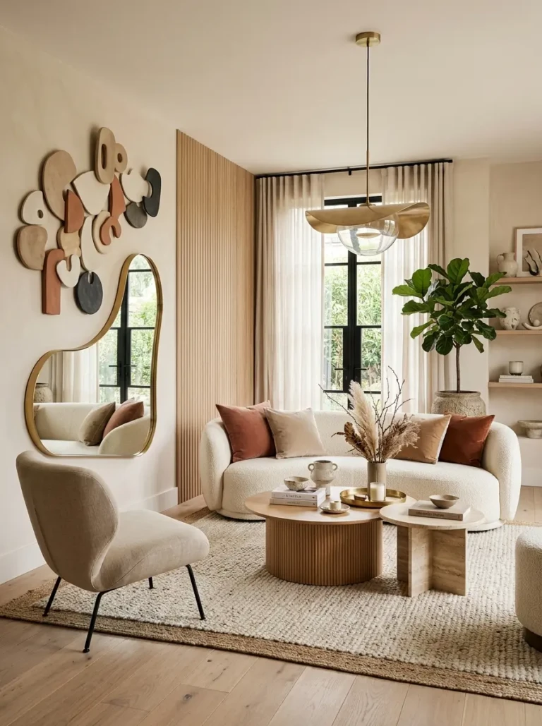 Modern living room wall styled with sculptural decor, curved mirror, and fluted panel accents.