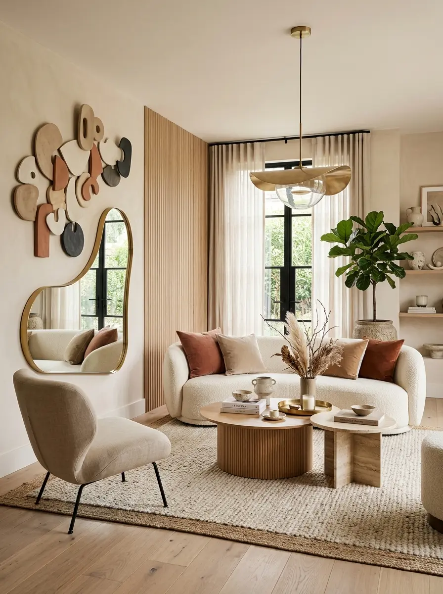 Modern living room wall styled with sculptural decor, curved mirror, and fluted panel accents.