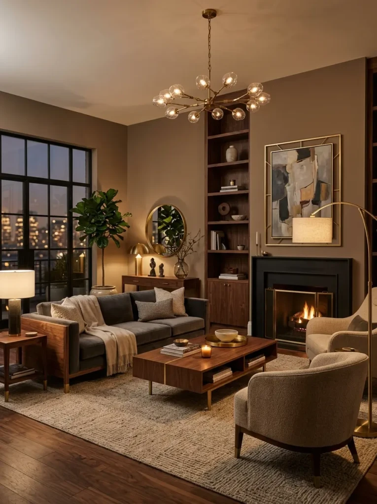 Upscale living room with taupe walls, walnut furniture, brass accents, and elegant moody lighting.