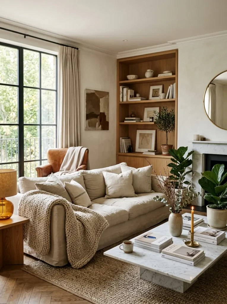 Elegant yet relaxed living room with marble, linen sofa, knit throw, and warm wood accents creating a cozy luxury feel