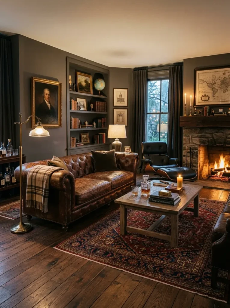 Elegant interior with aged leather sofa, wooden floors, and warm lighting