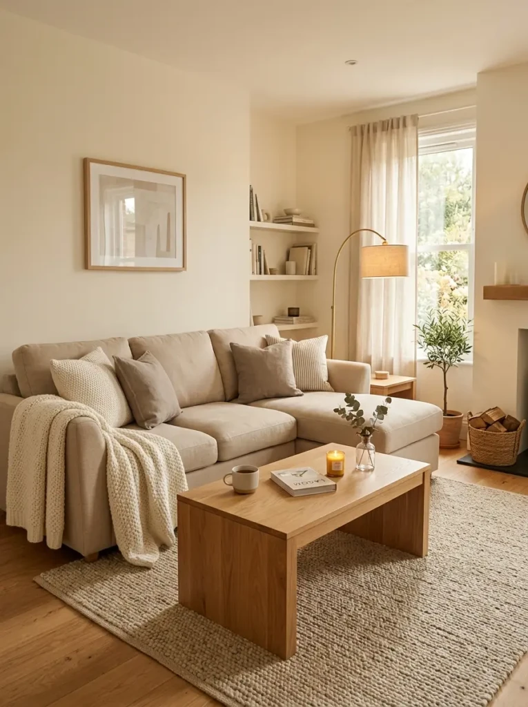 A neutral-toned living room with beige sofa, wooden furniture, and soft warm lighting creating a calm and timeless atmosphere