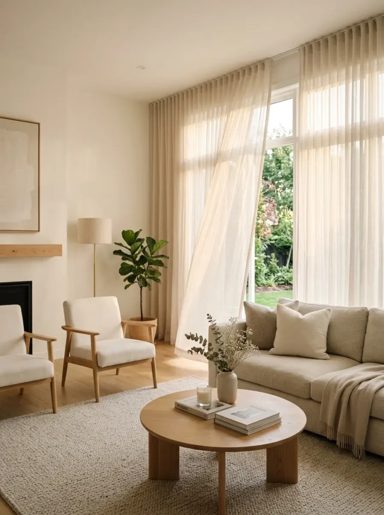 A cozy lounge room with sheer curtains allowing soft sunlight to filter through creating a calm and airy feel