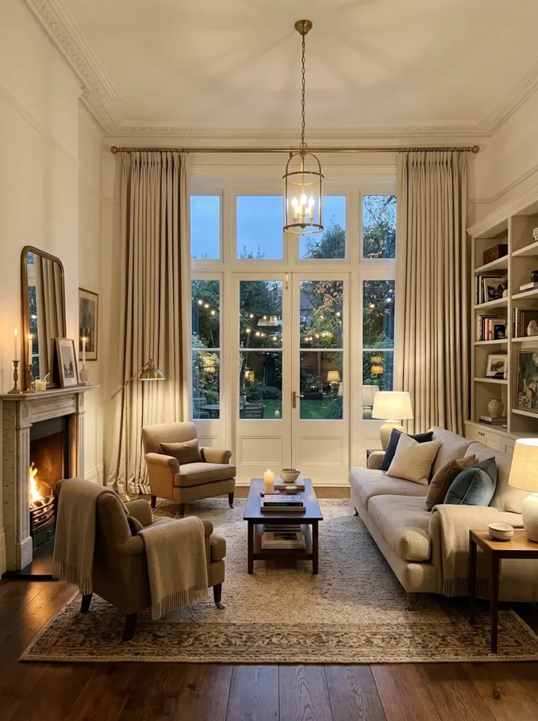 Long neutral curtains hung high adding softness and elegance to a warm living room.