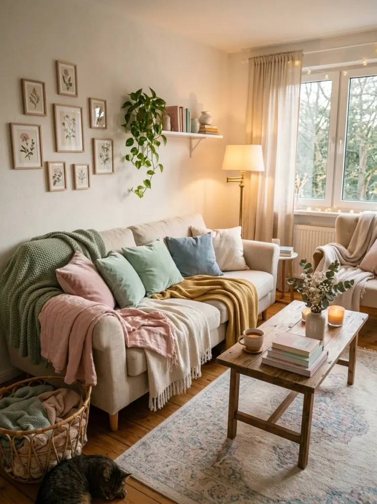 A cozy living room with layered throws in soft pastel and neutral colors.