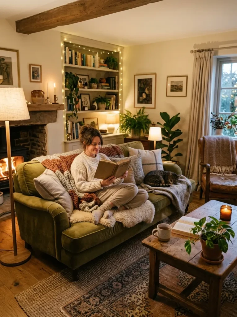 A cozy living room with layered textures and warm lighting creating a relaxing environment.