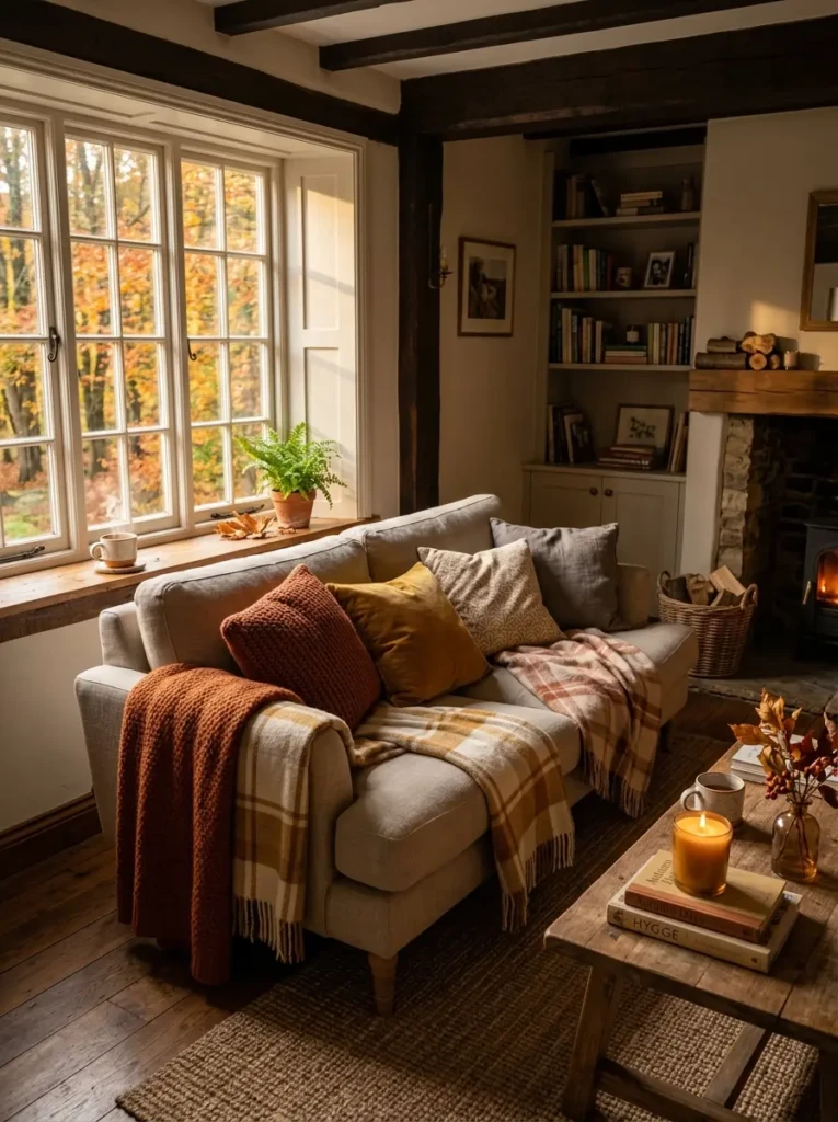 Neutral sofa styled with layered plaid throws in warm autumn tones, creating a cozy rustic fall living room atmosphere