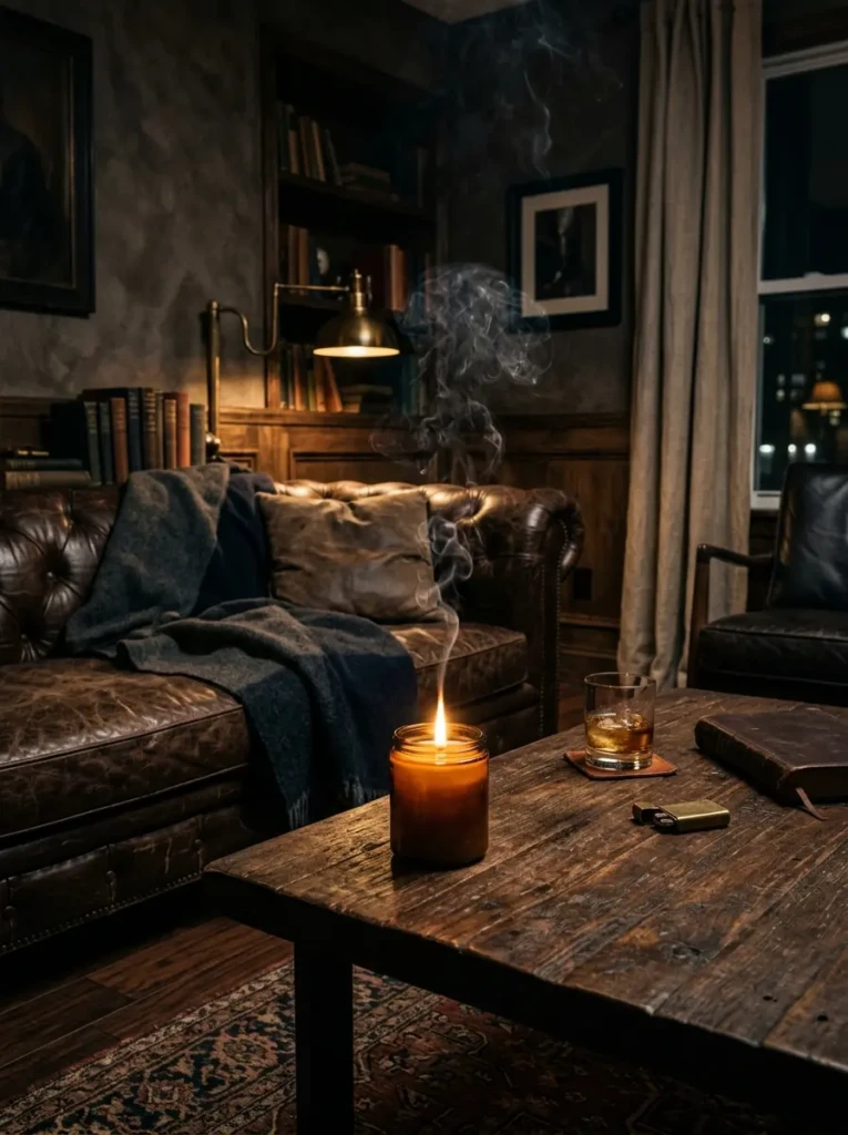 A moody masculine living room with a lit candle, warm lighting, and rich textures creating a calming sensory experience.