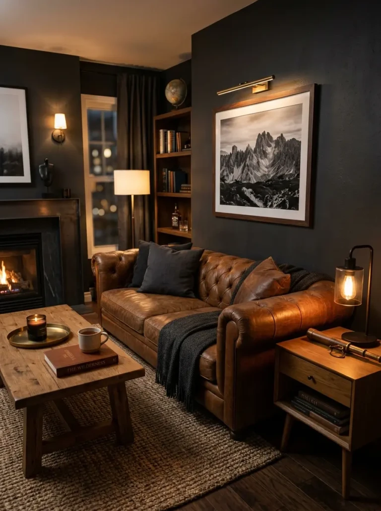 A cozy masculine living room with soft lighting, a deep leather sofa, and warm textures creating a calm, stylish, and inviting atmosphere.