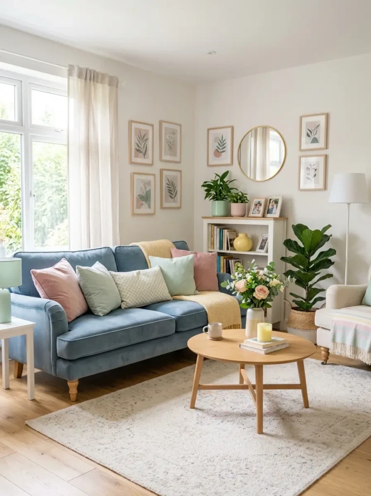Light airy living room with a blue couch, blush pink cushions, mint decor, and soft pastel tones creating a dreamy atmosphere