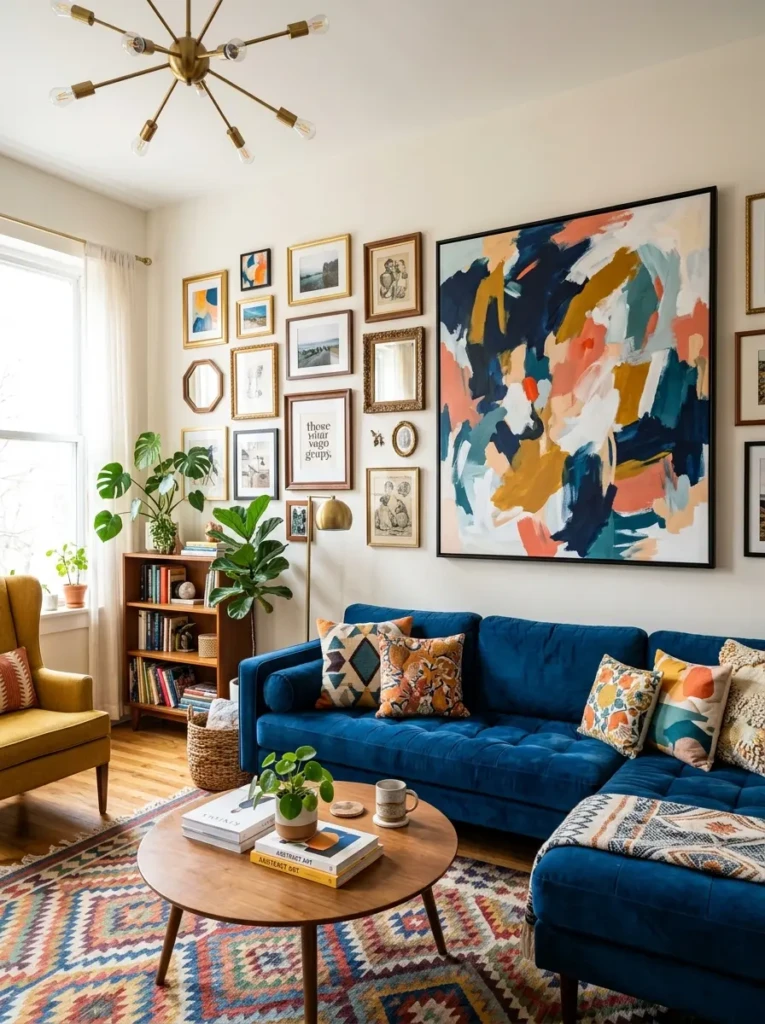 Creative living room with a blue couch, large abstract artwork, gallery wall, and bold accents expressing a unique style
