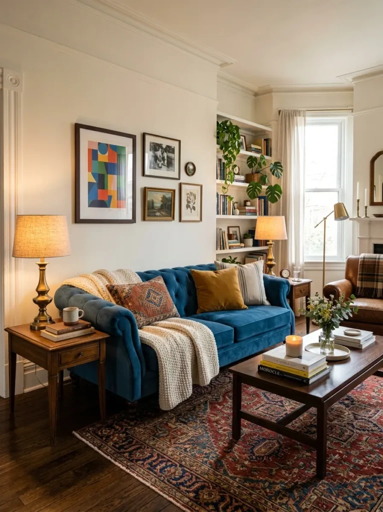 Charming living room with a blue couch, antique side tables, vintage lamps, patterned rug, and modern artwork blending old and new