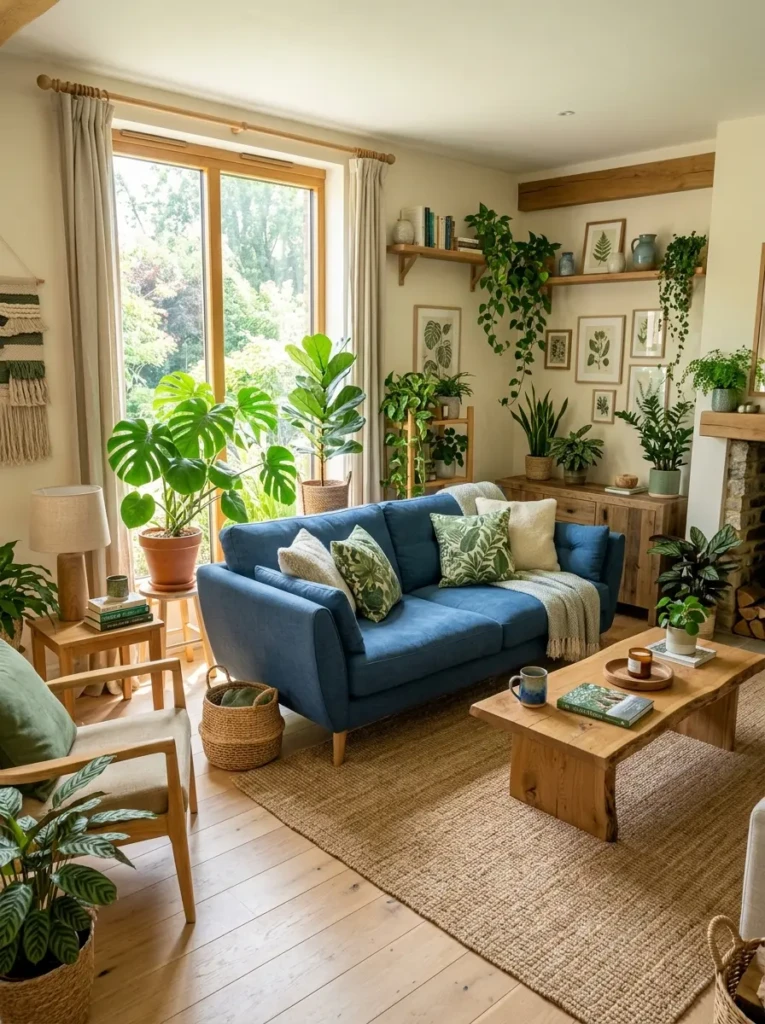 Fresh living room with a blue couch, lush indoor plants, wooden textures, and natural light creating a calm and serene space