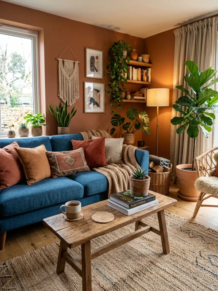 Cozy living room with a blue couch styled with terracotta cushions, wooden furniture, indoor plants, and warm earthy tones
