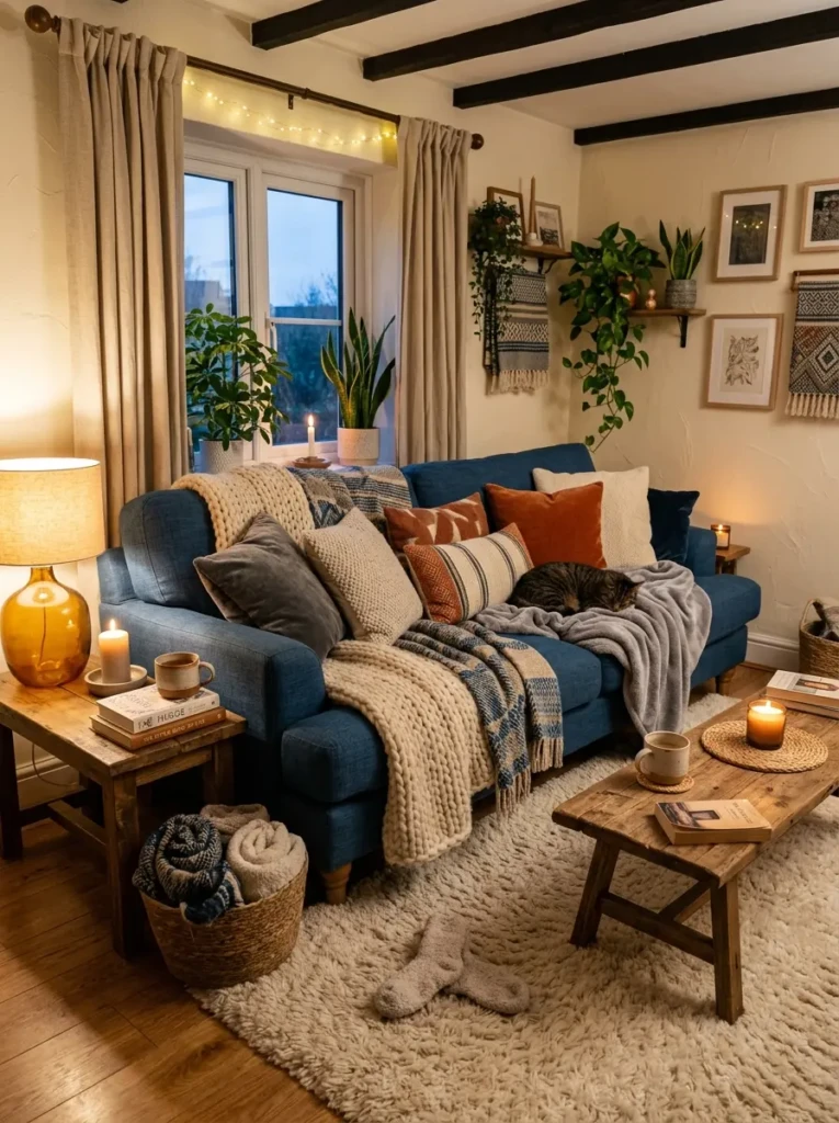 Warm inviting living room with a blue couch, multiple cushions, soft throws, and a plush rug creating a cozy layered feel