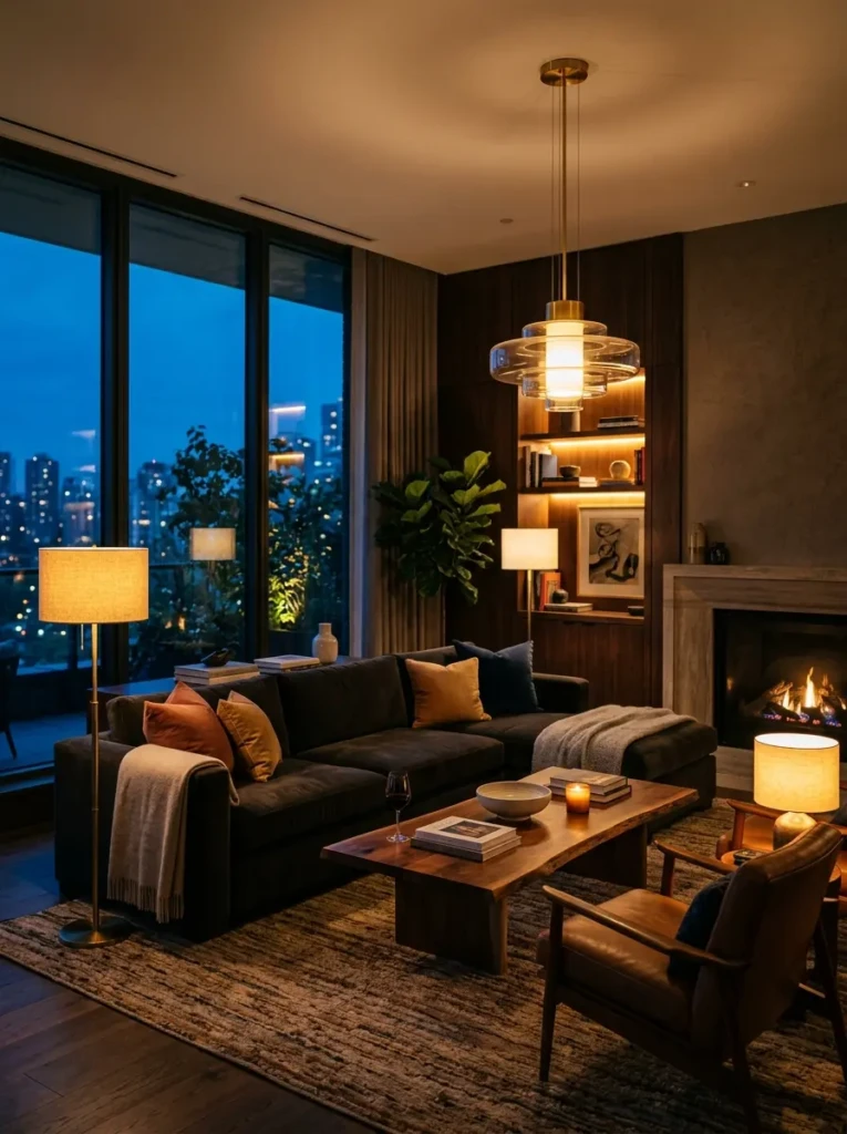 A cozy lounge room featuring layered lighting with floor lamps and pendant lights creating a soft warm evening ambiance