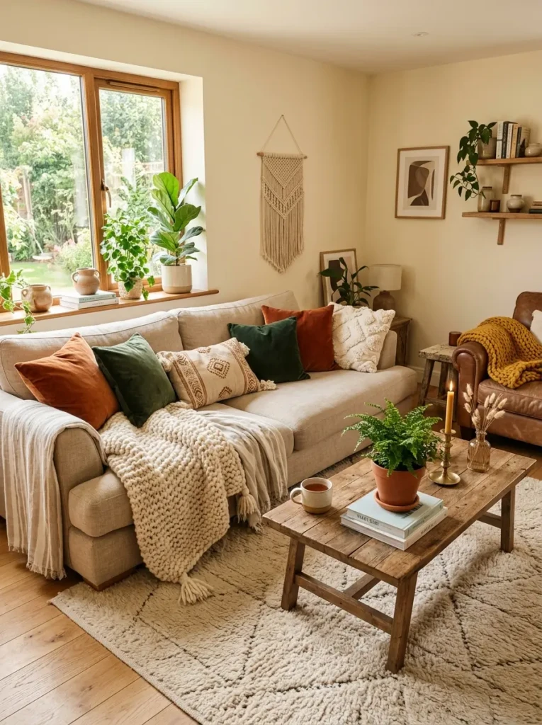 A warm lounge room with layered textures including knit throws, velvet cushions, and a soft rug creating a cozy inviting space