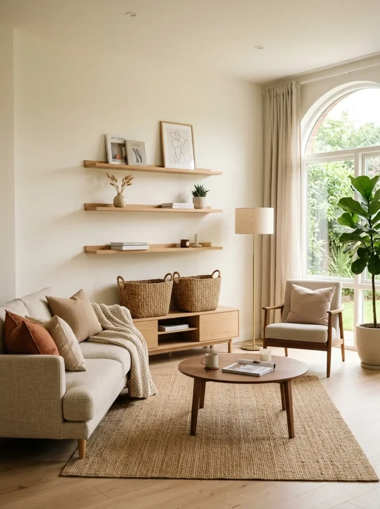 A clean and clutter-free living room with storage baskets and shelves keeping the space organized and inviting