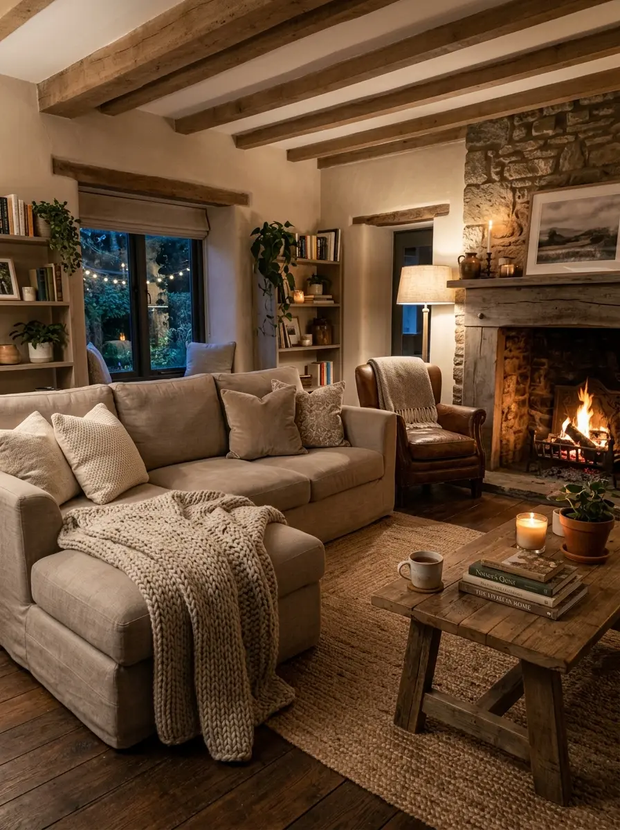 A cozy lounge room with soft lighting, a plush sofa, and a draped throw creating a warm and inviting atmosphere