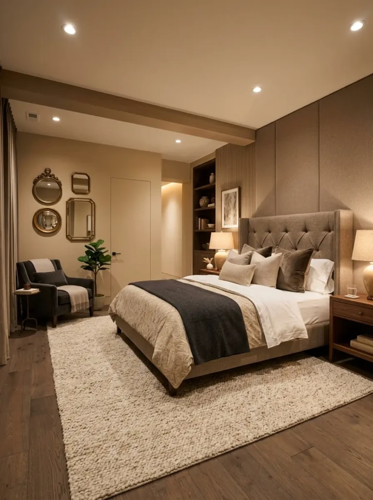 A cozy basement bedroom with recessed lighting, upholstered bed, oversized rug, warm walls, and elegant mirror accents.