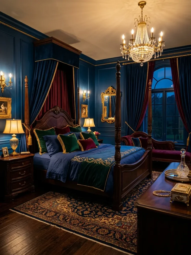 A rich color full bedroom with sapphire blue walls, velvet textures, and gold accents creating a luxe feel
