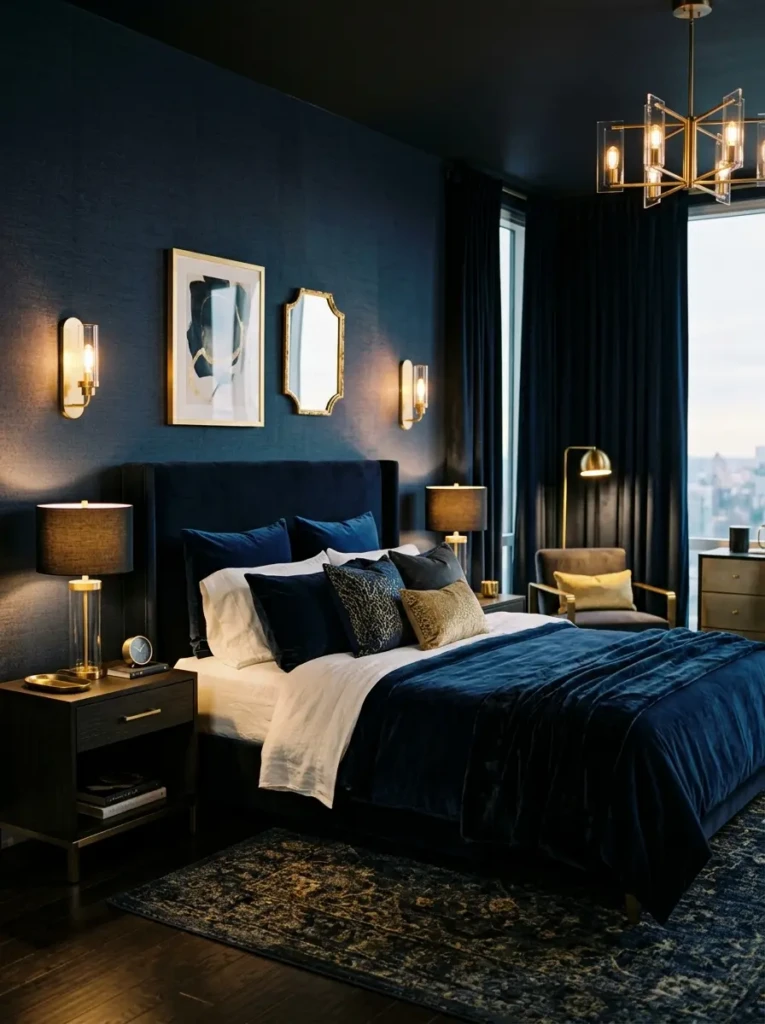 A dramatic bedroom featuring deep navy wallpaper, velvet cushions, warm lighting, and gold decor accents creating a cozy atmosphere.