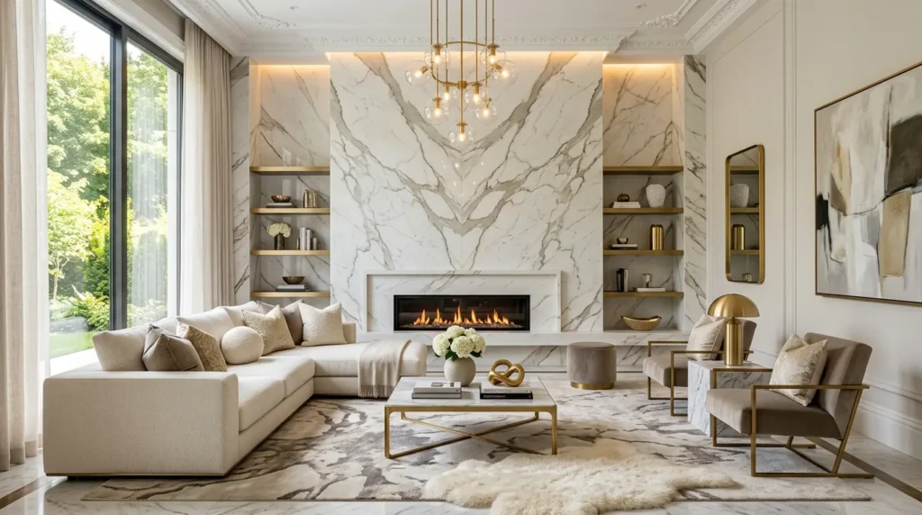 Grand marble living room with statement fireplace wall, elegant neutral furniture, layered textures, and upscale lighting.