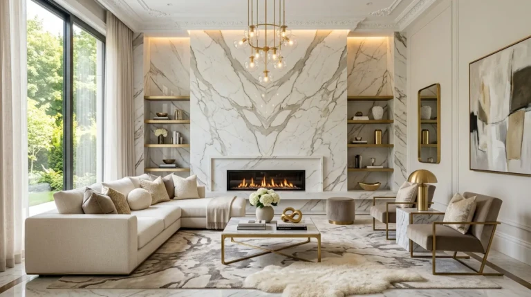 Grand marble living room with statement fireplace wall, elegant neutral furniture, layered textures, and upscale lighting.