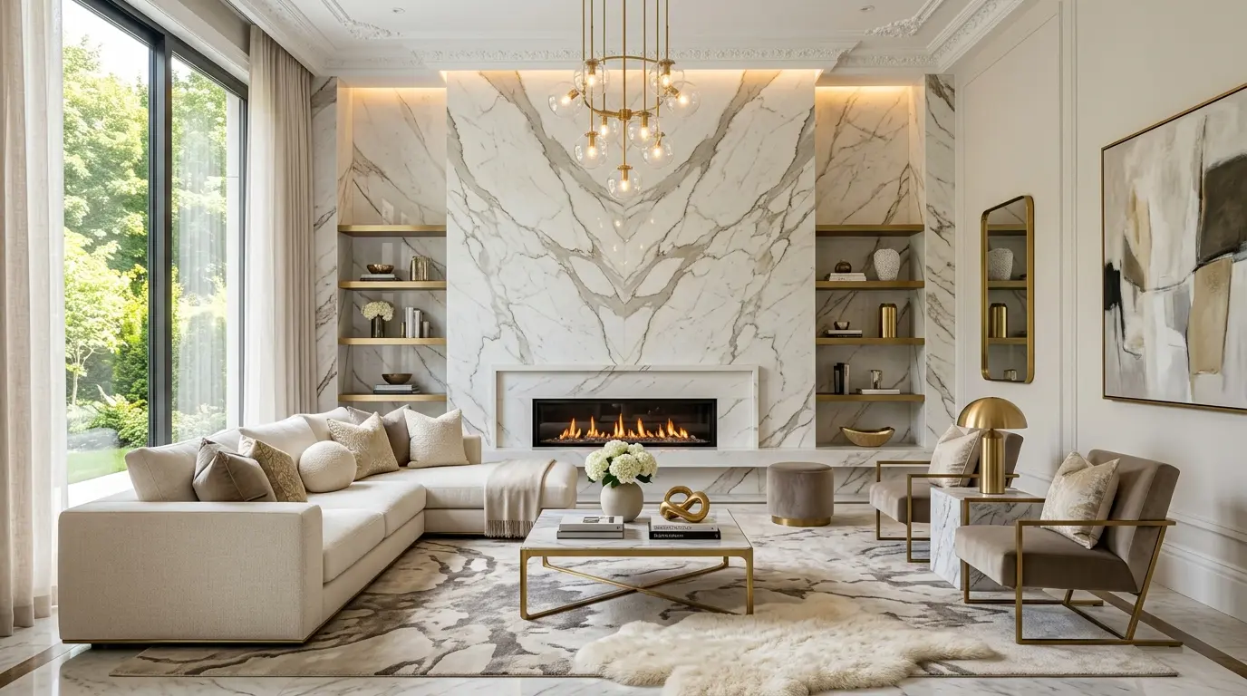 Grand marble living room with statement fireplace wall, elegant neutral furniture, layered textures, and upscale lighting.