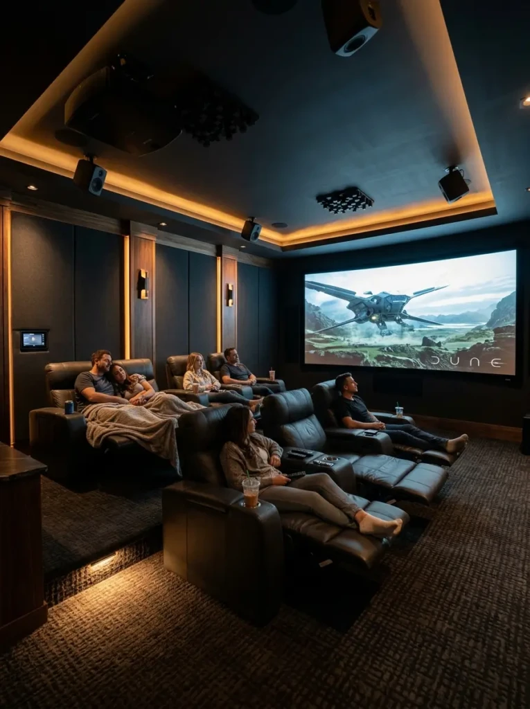 A luxurious modern home theater room with plush recliners, large screen, LED lighting, and dark acoustic walls.