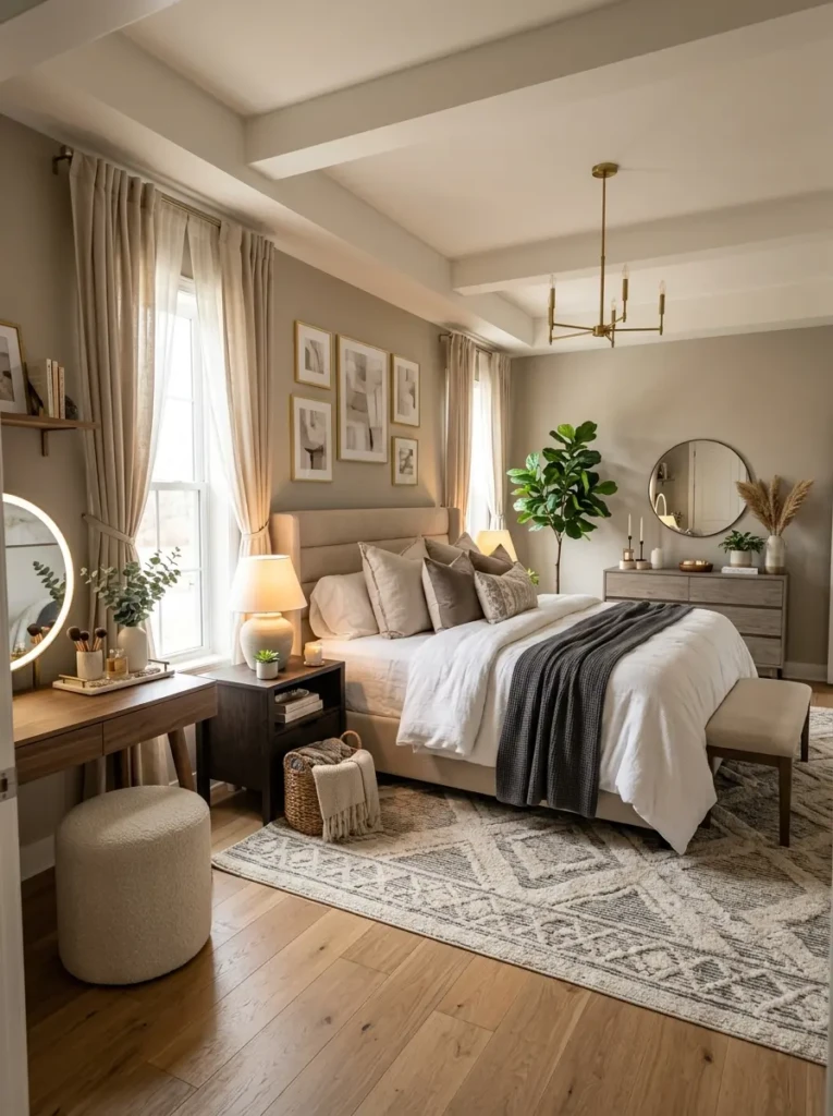 Complete aesthetic bedroom with layered bedding, vanity, wall art, plants, curtains, and warm modern decor styling.
