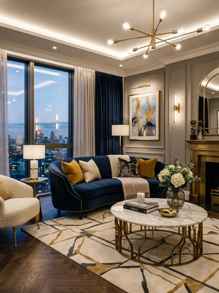 Luxury apartment living room with velvet sofa, marble coffee table, brass details, and upscale modern décor.