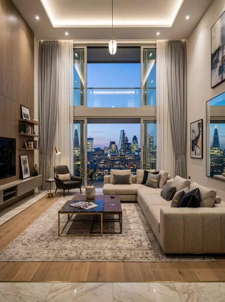 Luxury modern apartment living room with large windows, city skyline view, modular sofa, marble finishes, and elegant space-saving furniture.