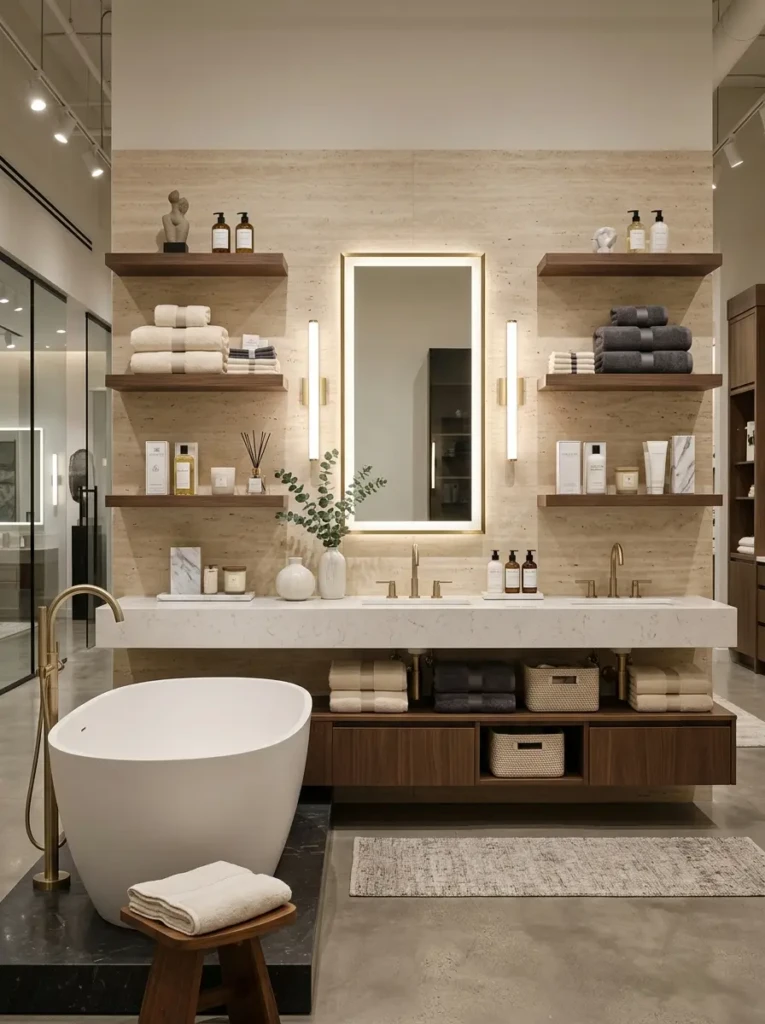 High-end bathroom shelf styling inspired by premium showroom displays.