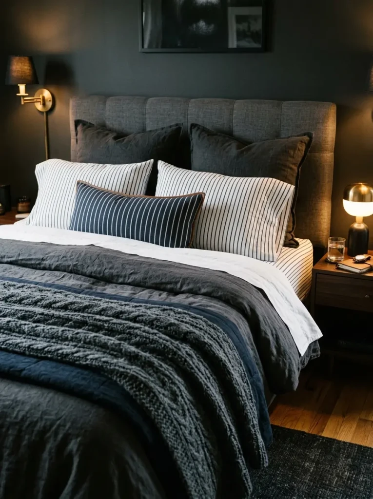 Close-up of masculine bed with layered duvet, textured pillows, throw blanket, and upholstered headboard.